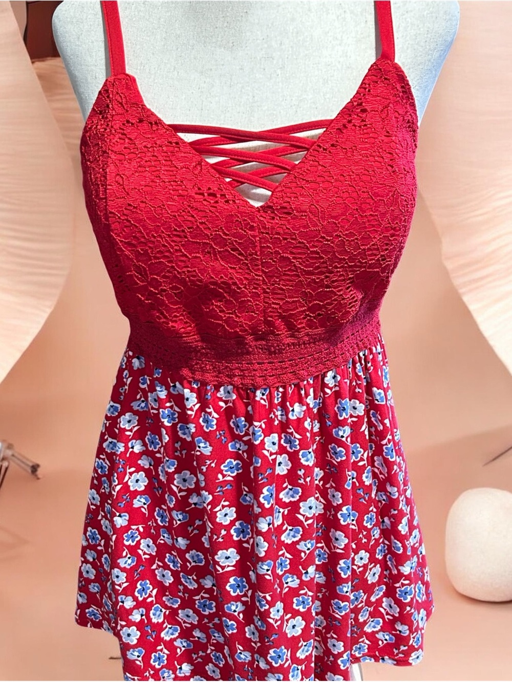 No Boundaries Red Floral Lace-Top Tank
